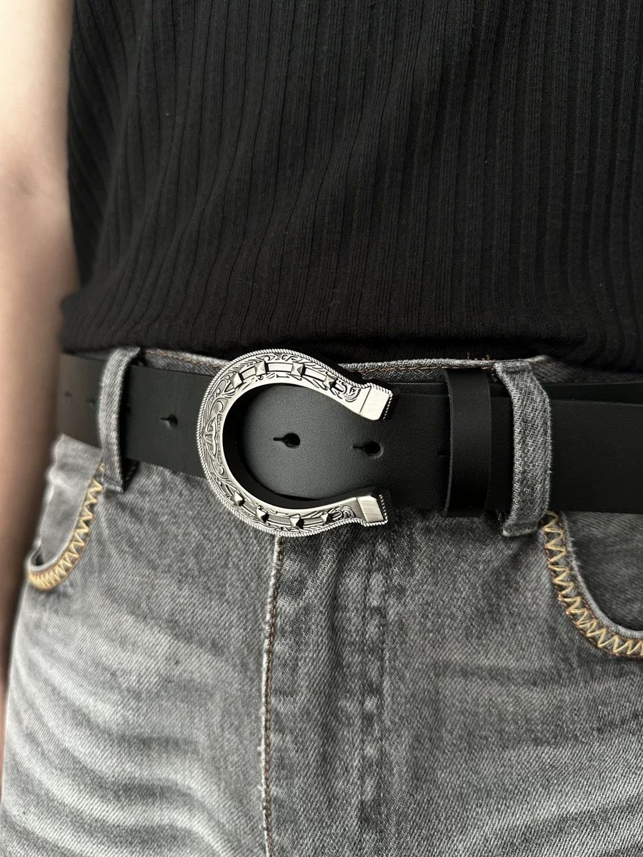 Vintage Horseshoe Engraved Leather Belt Western Antique Metal Buckle