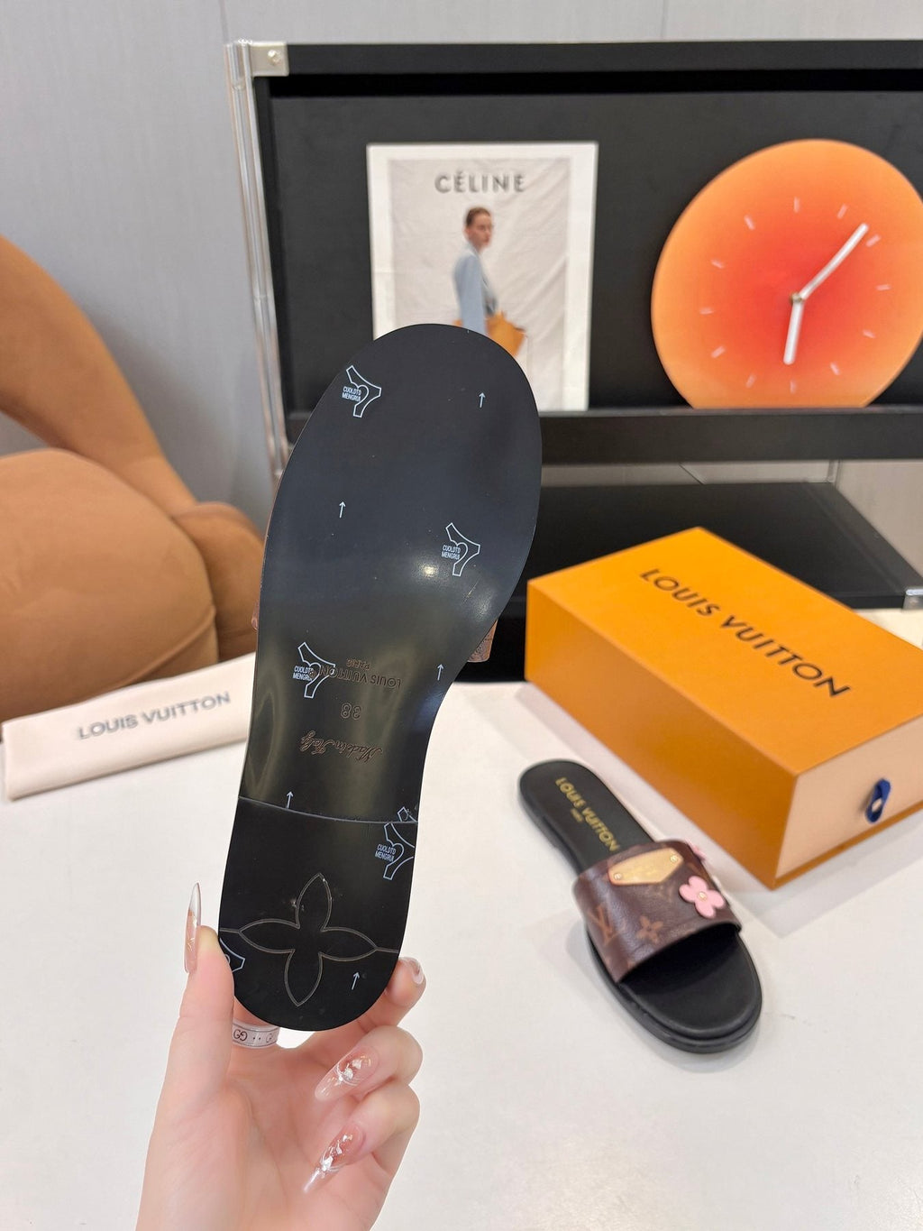 Louis Vuitton Floral Slide Sandals - Dark Brown, Black & Pink